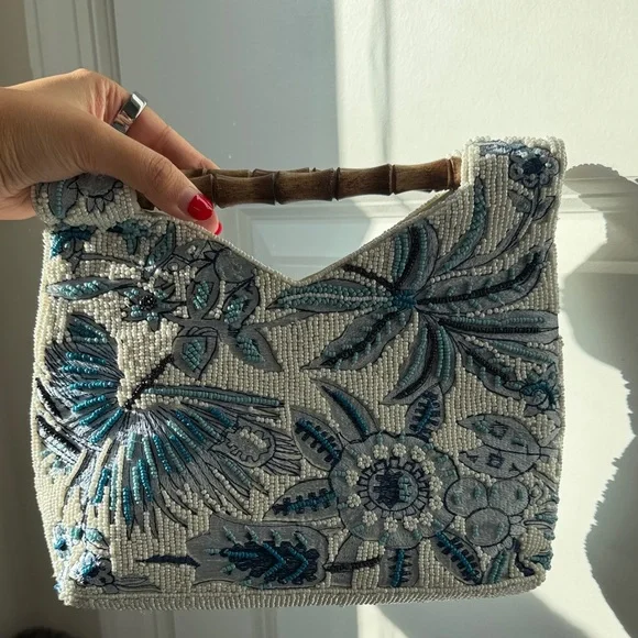 TJ Maxx / Marshall’s Floral Embroidered Beaded Bag with Bamboo Handle - Picture 6 of 6